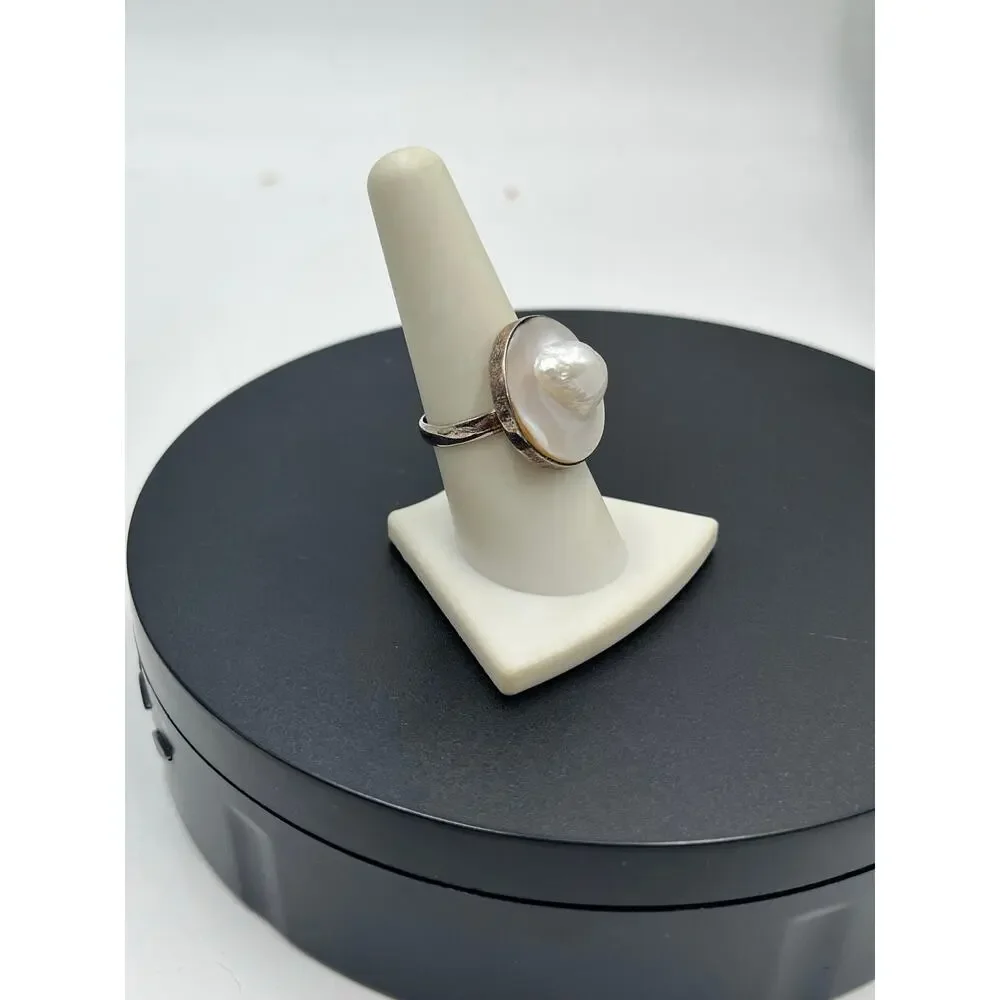 Sterling‎ Silver Natural White Blister Pearl Shell Round Ring 8.5